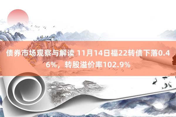 债券市场观察与解读 11月14日福22转债下落0.46%，转股溢价率102.9%