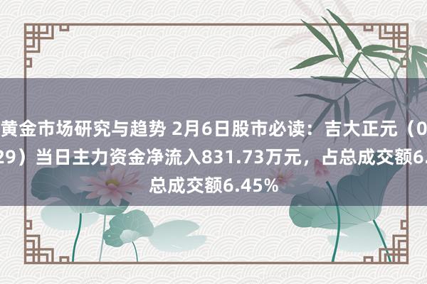 黄金市场研究与趋势 2月6日股市必读：吉大正元（003029）当日主力资金净流入831.73万元，占总成交额6.45%