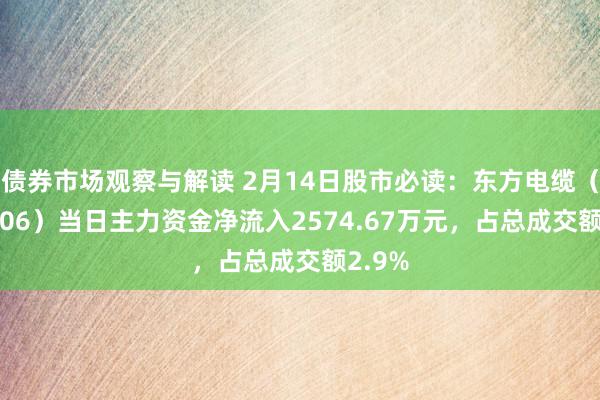 债券市场观察与解读 2月14日股市必读：东方电缆（603606）当日主力资金净流入2574.67万元，占总成交额2.9%